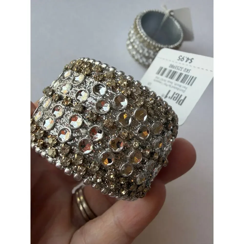 Pier 1 Jeweled Rhinestone Napkin Rings Silver Champagne Set of 4